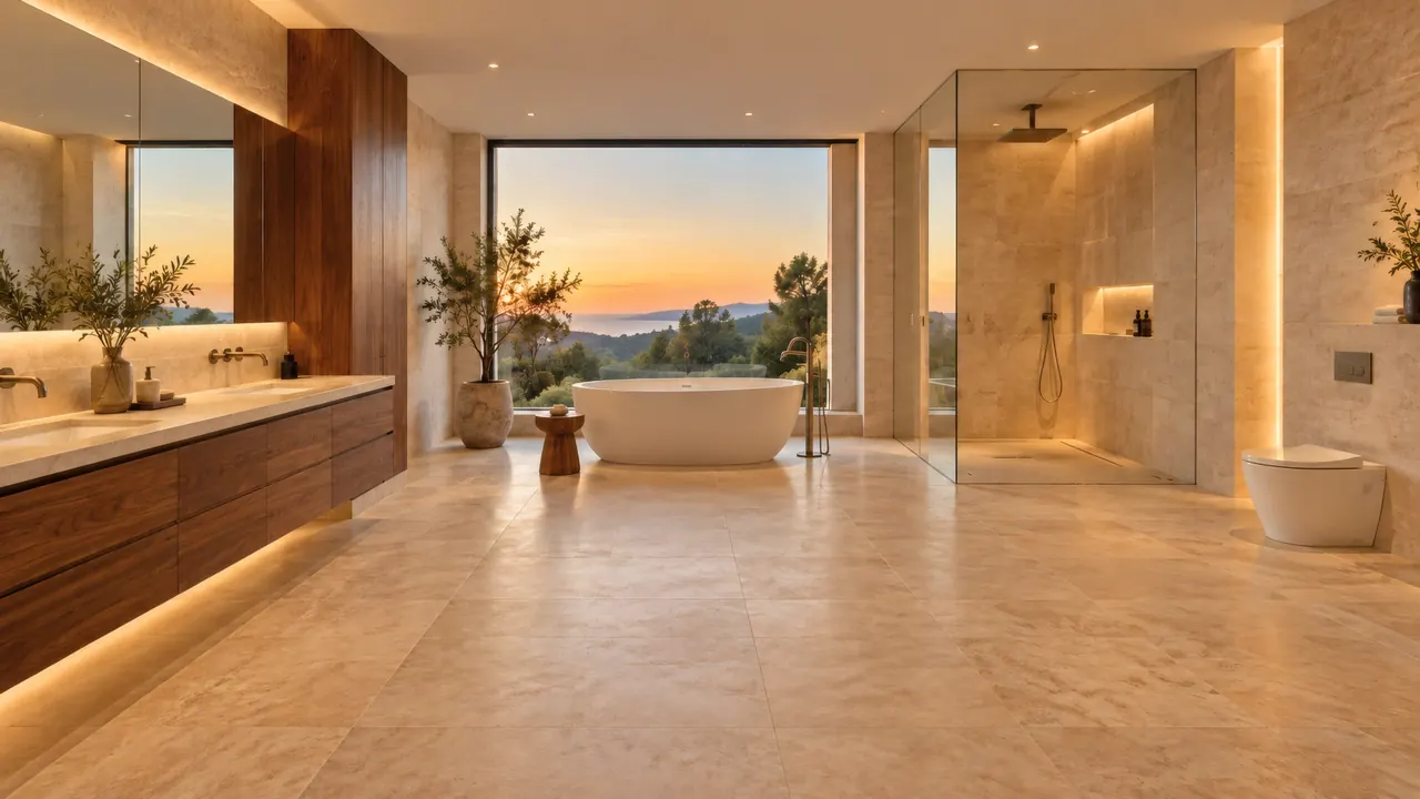 An empty luxury bathroom with warm stone, a bath, and an open floor plan