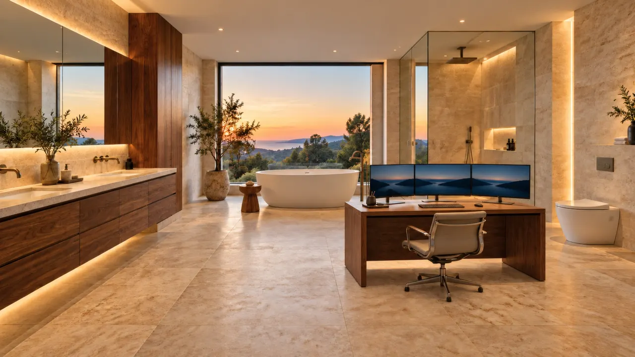 A luxury bathroom converted into a private triple-monitor work from bathroom workspace