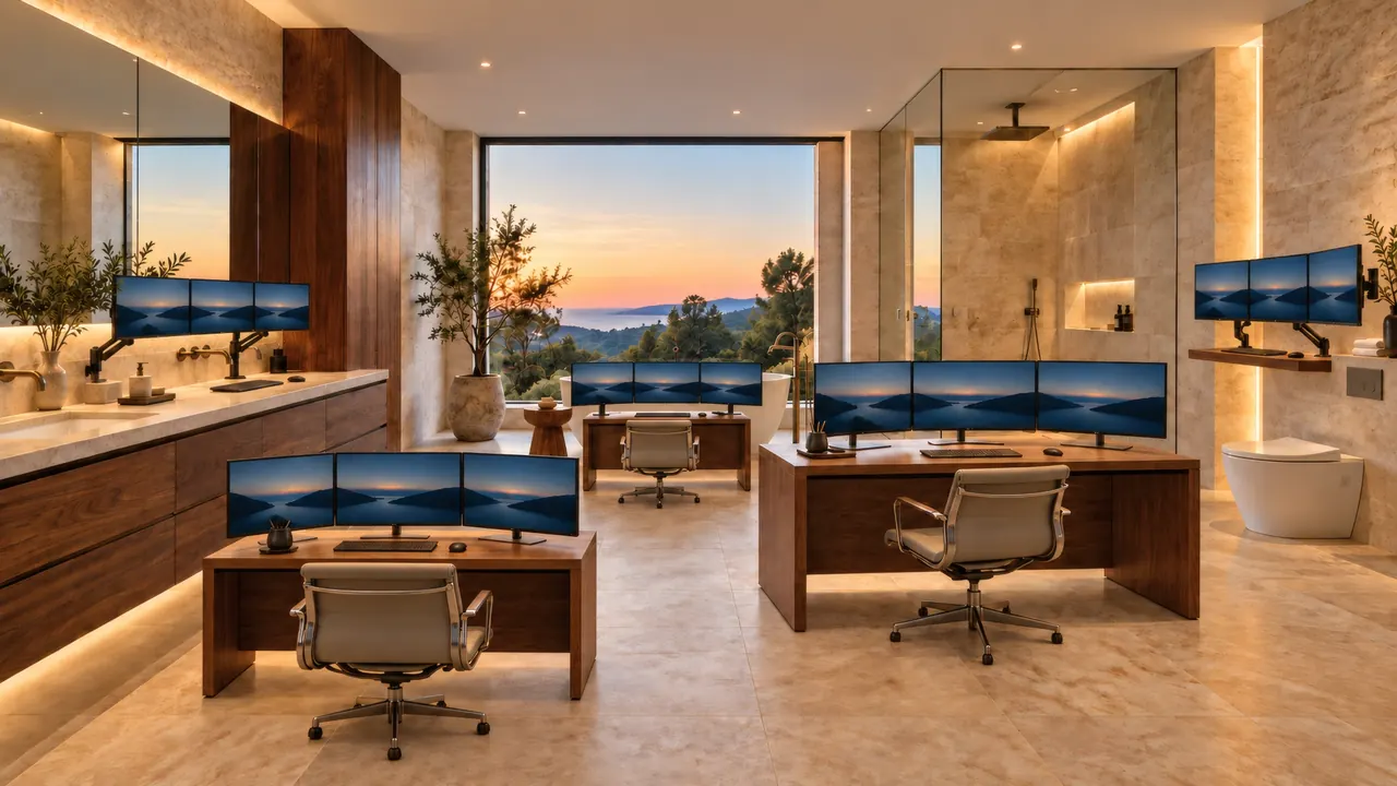 The same luxury bathroom with five triple-monitor setups at desks, walls, and the vanity