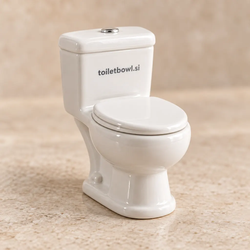 Miniature white ceramic desk toilet with toiletbowl.si on its tank