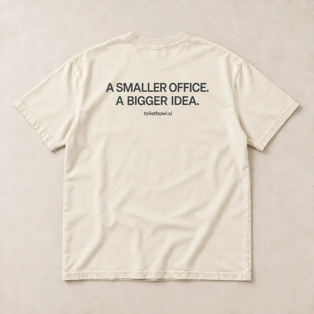 Back of the ivory tee with A Smaller Office. A Bigger Idea. and lowercase toiletbowl.si lettering