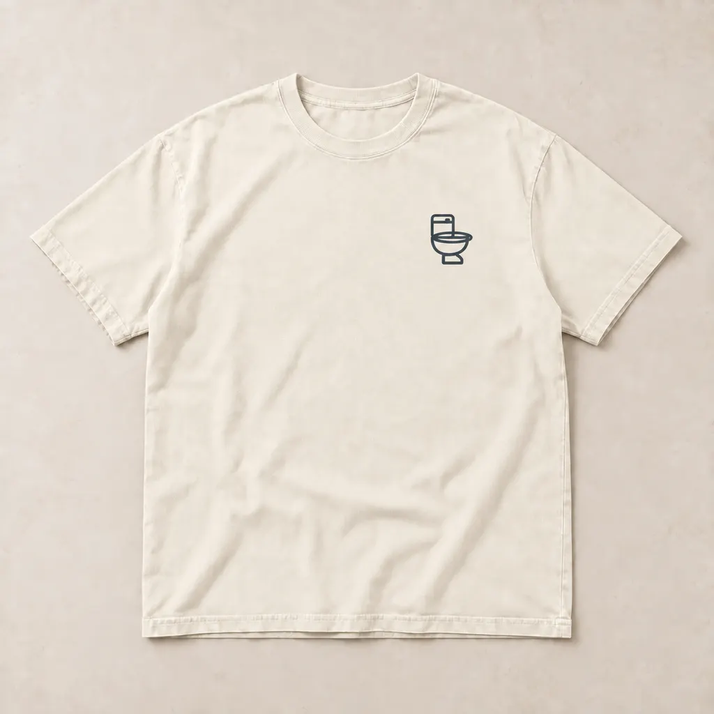 Ivory T-shirt with a charcoal toilet mark on the left chest
