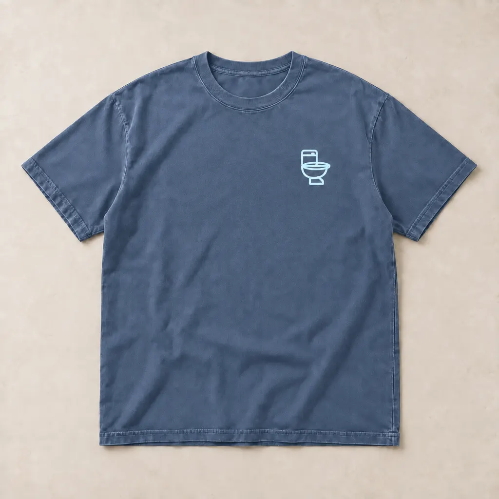 Slate blue T-shirt with a pale blue toilet mark on the left chest