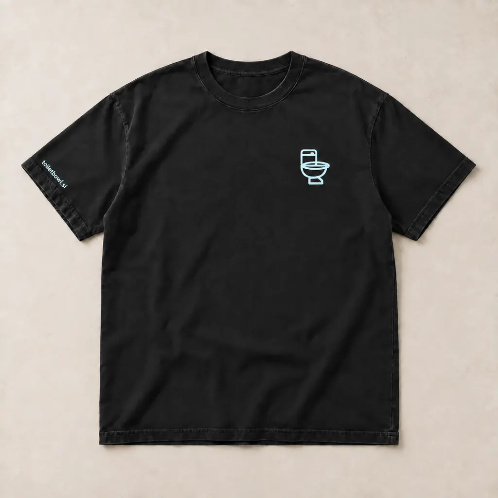 Black T-shirt with the pale blue chest toilet mark and small toiletbowl.si URL on the wearer's right sleeve