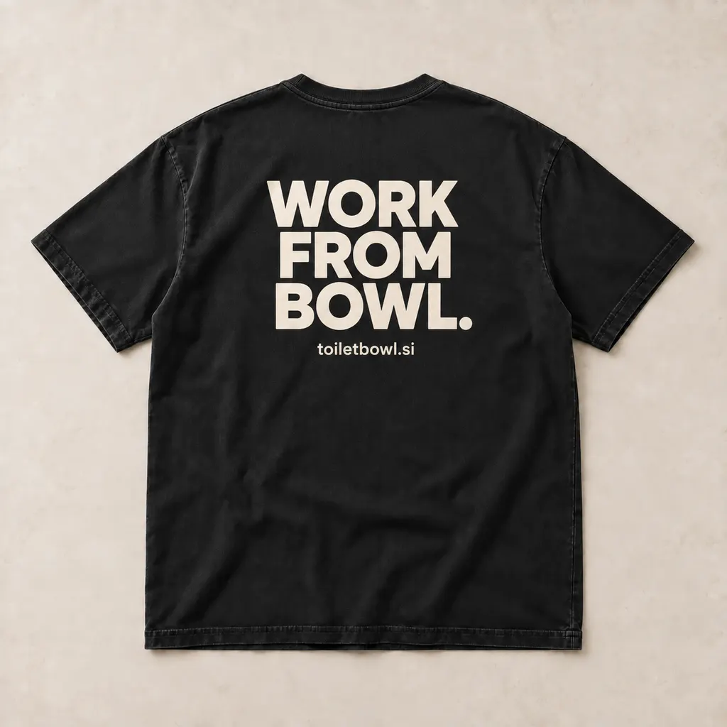 Back of the black tee with large Work From Bowl and lowercase toiletbowl.si lettering