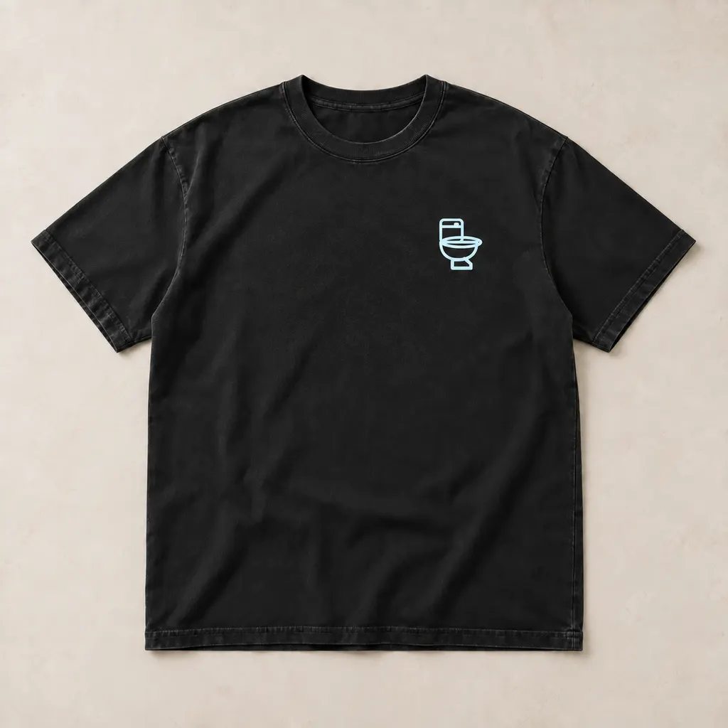 Washed black T-shirt with the pale blue toilet mark on the left chest