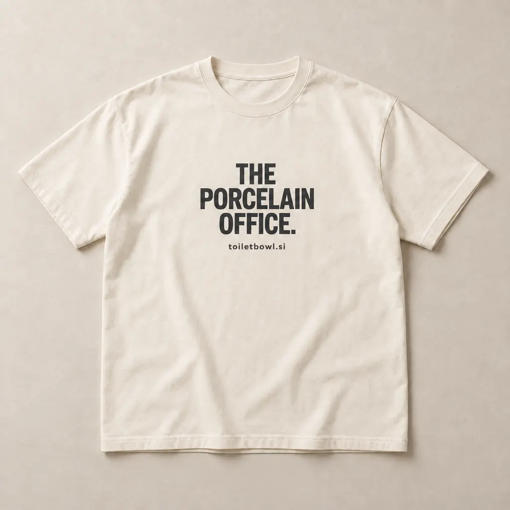 Ivory T-shirt printed with The Porcelain Office and toiletbowl.si