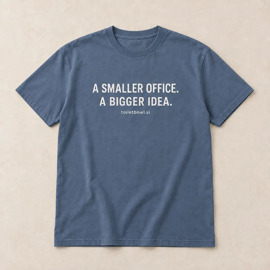 Slate blue T-shirt printed with A Smaller Office. A Bigger Idea. and toiletbowl.si