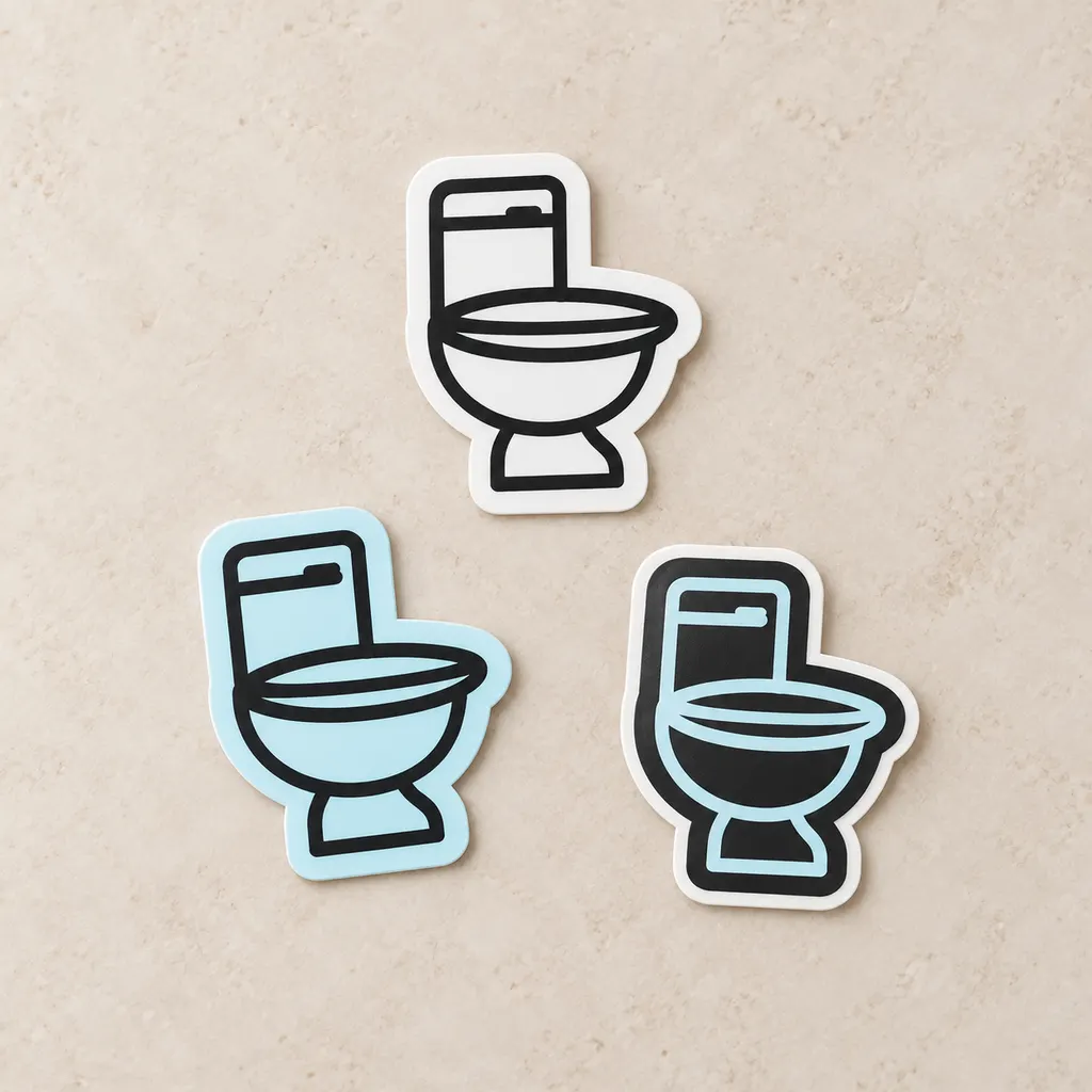 Three die-cut vinyl stickers featuring our toilet mark in ivory, ice blue and charcoal