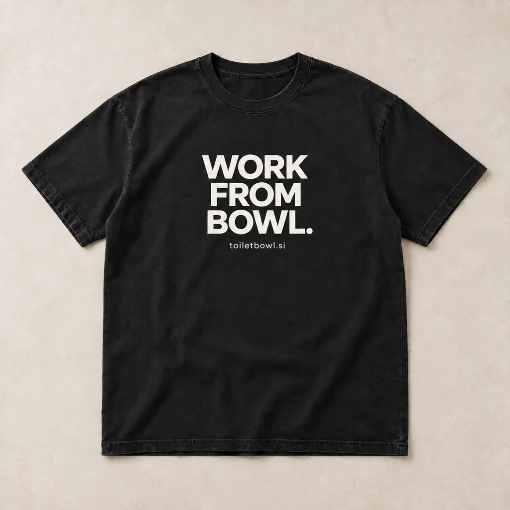Black T-shirt printed with Work From Bowl and toiletbowl.si